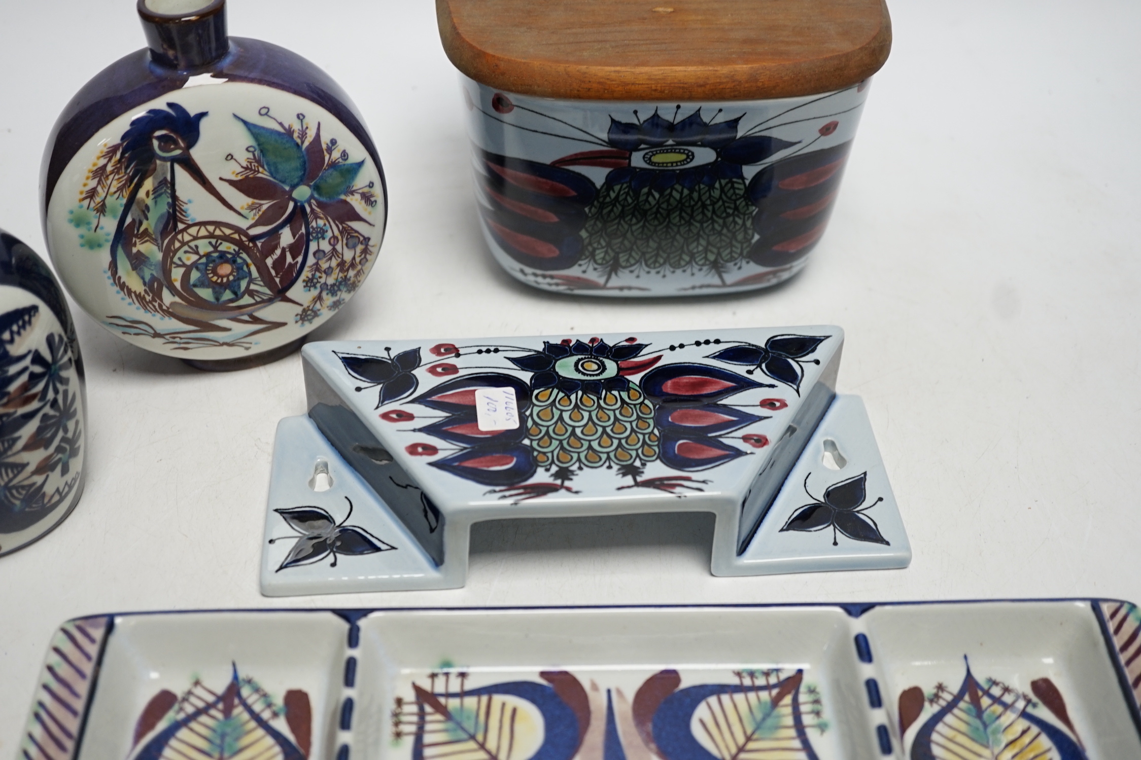 Royal Copenhagen fajance and Alumina wares; a salt pot with wooden cover and wall brisket, a small jug a moon shaped vase and a rectangular three section entrée dish, dish 29cm wide